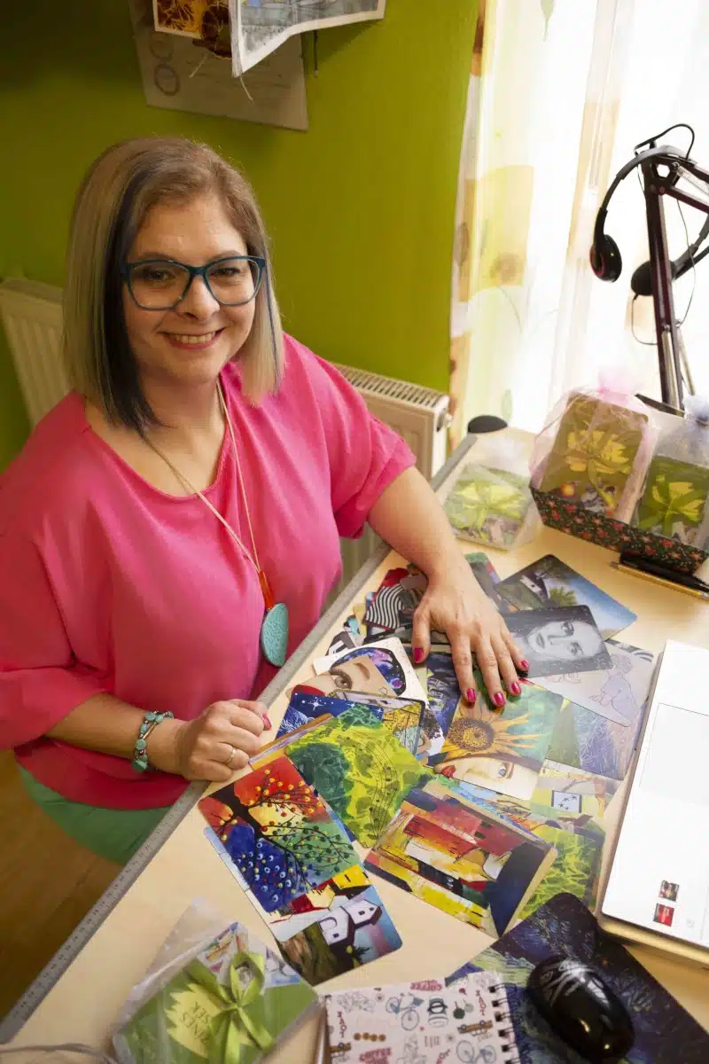 Timi Takacs, artist and art-based coach, with her art cards